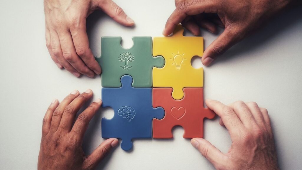 Diverse hands assembling a colorful puzzle with green, yellow, blue, and red pieces representing Autism Spectrum Disorder awareness.