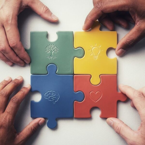 Diverse hands assembling a colorful puzzle with green, yellow, blue, and red pieces representing medical cannabis for autism options in Alabama.