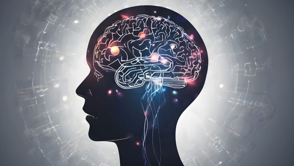 Medical illustration of a human head and brain showcasing active neurotransmitter receptors firing across the Cortico-Striato-Thalamo-Cortical (CSTC) pathway.