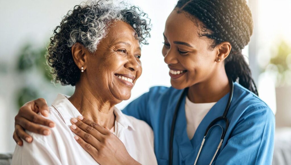 Smiling physician with her arm around an older female patient during a supportive medical cannabis evaluation