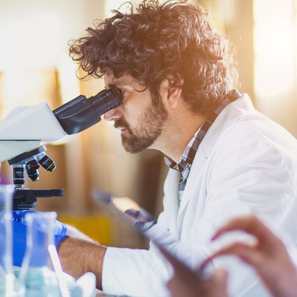 Laboratory analyst examining medical cannabis samples under a microscope for certificate of analysis testing