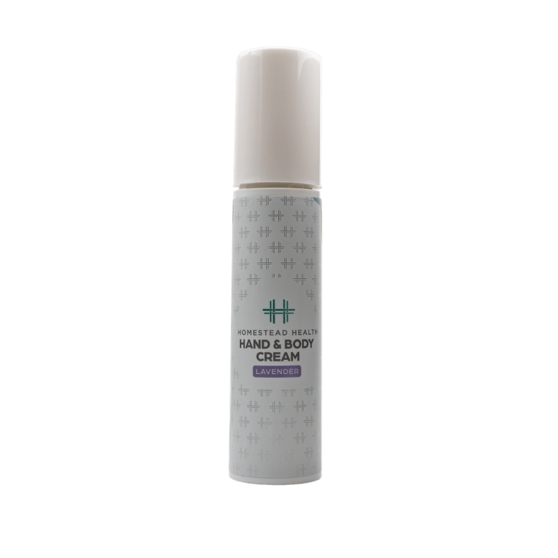 Front packaging view of Homestead Health Lavender Hand and Body Cream container.
