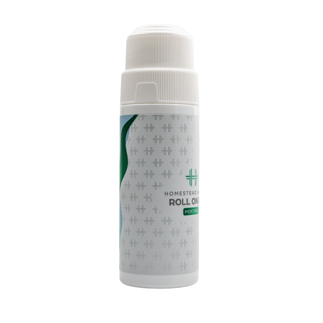 Angled left shot of Homestead Health Menthol Roll-On Gel bottle.