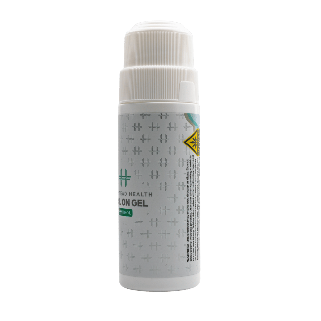 Angled right view showing Homestead Health Menthol Roll-On Gel bottle.