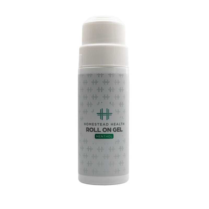 Front view of Homestead Health Menthol Roll-On Gel container.