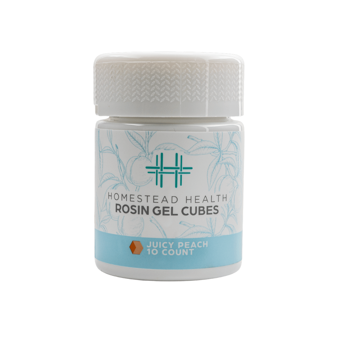 Front package view of Homestead Health Juicy Peach Rosin Gel Cubes 10 Count.
