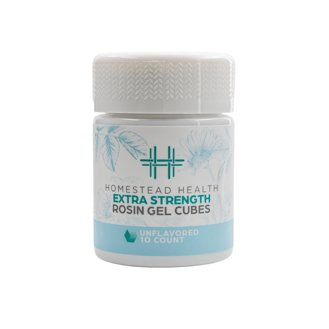 Front packaging of Homestead Health Extra Strength Unflavored Rosin Gel Cubes 10 Count.