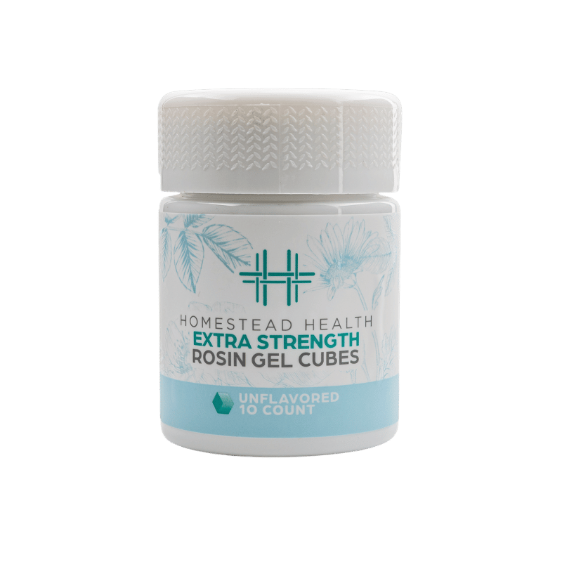 Front view of Homestead Health Extra Strength Unflavored Rosin Gel Cubes 10-count packaging.