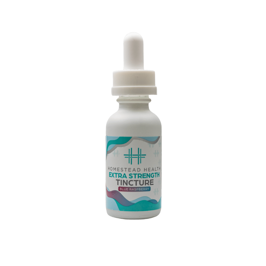 Front packaging of Homestead Health Extra Strength Blue Raspberry Tincture.