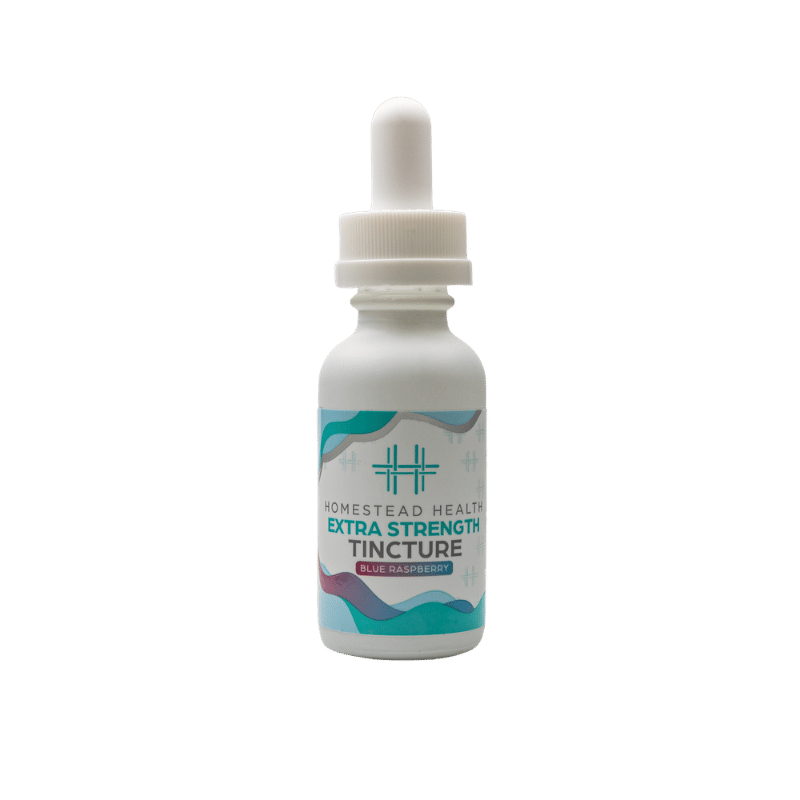 Front view of Homestead Health Extra Strength Blue Raspberry Tincture bottle packaging.
