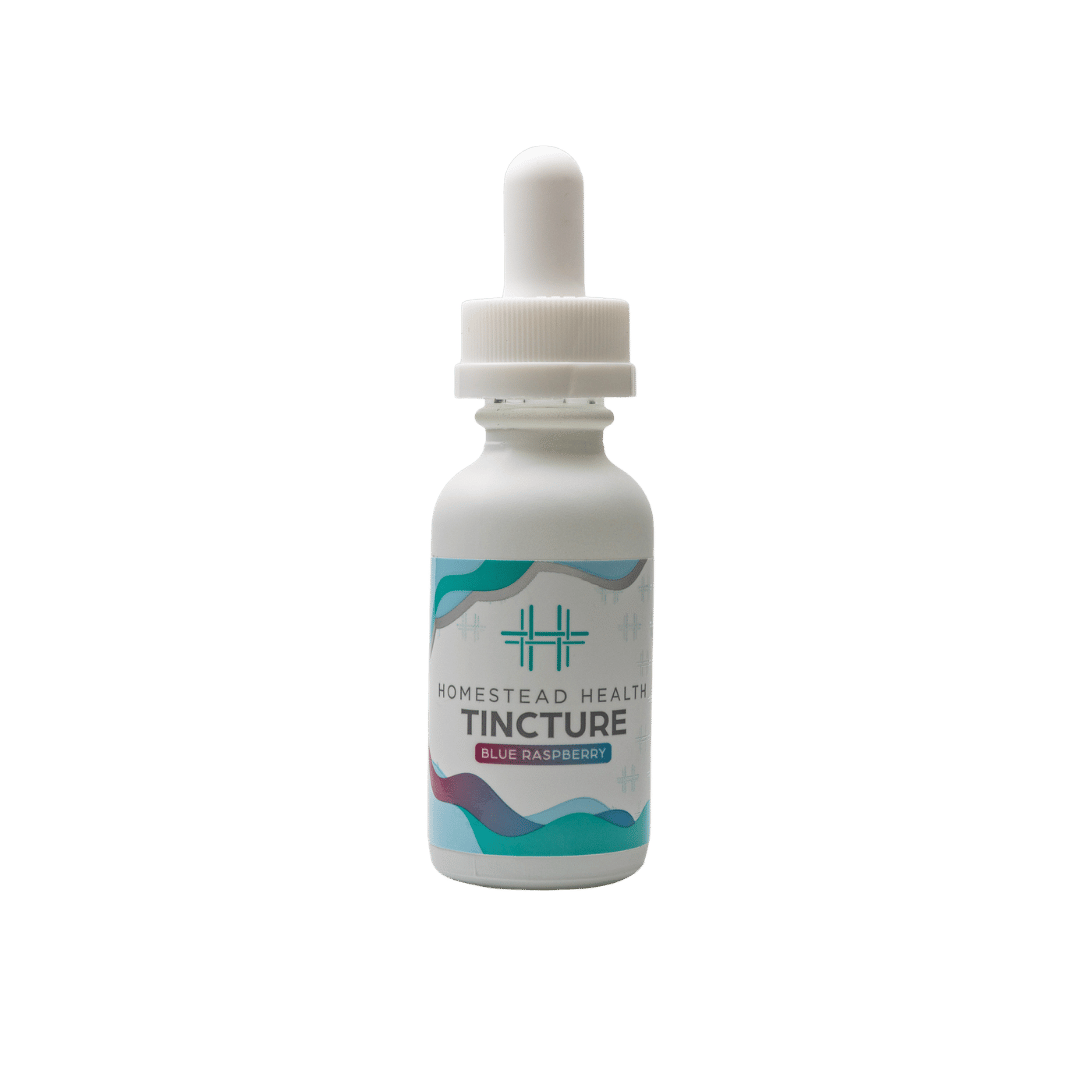 Front packaging and dropper bottle for Homestead Health Blue Raspberry Tincture.