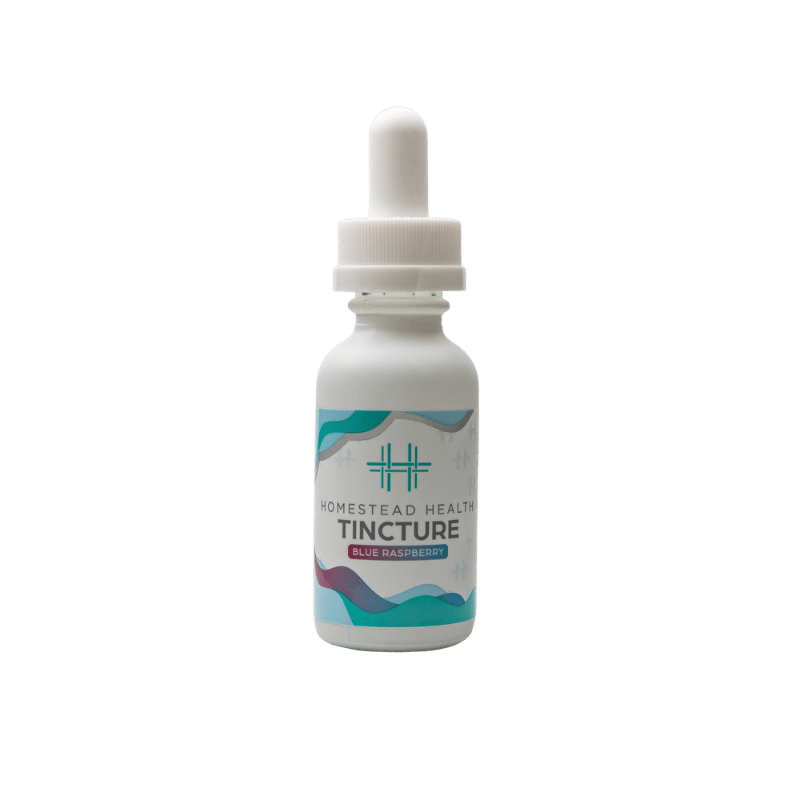 Front packaging view of Homestead Health Blue Raspberry Tincture bottle.