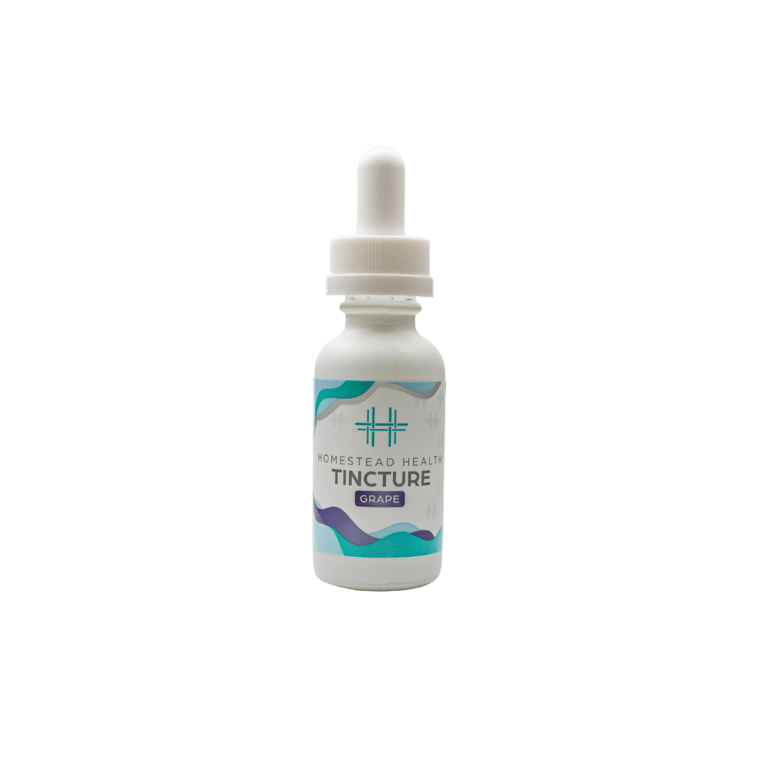 Front packaging and dropper bottle view of Homestead Health Grape Tincture.
