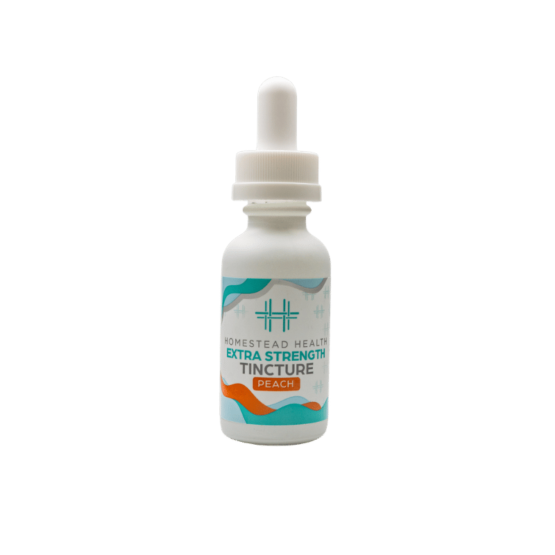 Front packaging view of Homestead Health Extra Strength Peach Tincture bottle.
