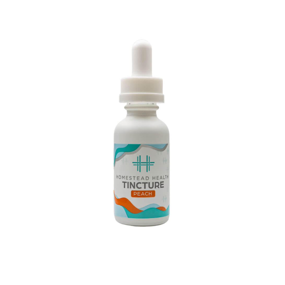Front packaging and dropper bottle view of Homestead Health Peach Tincture.