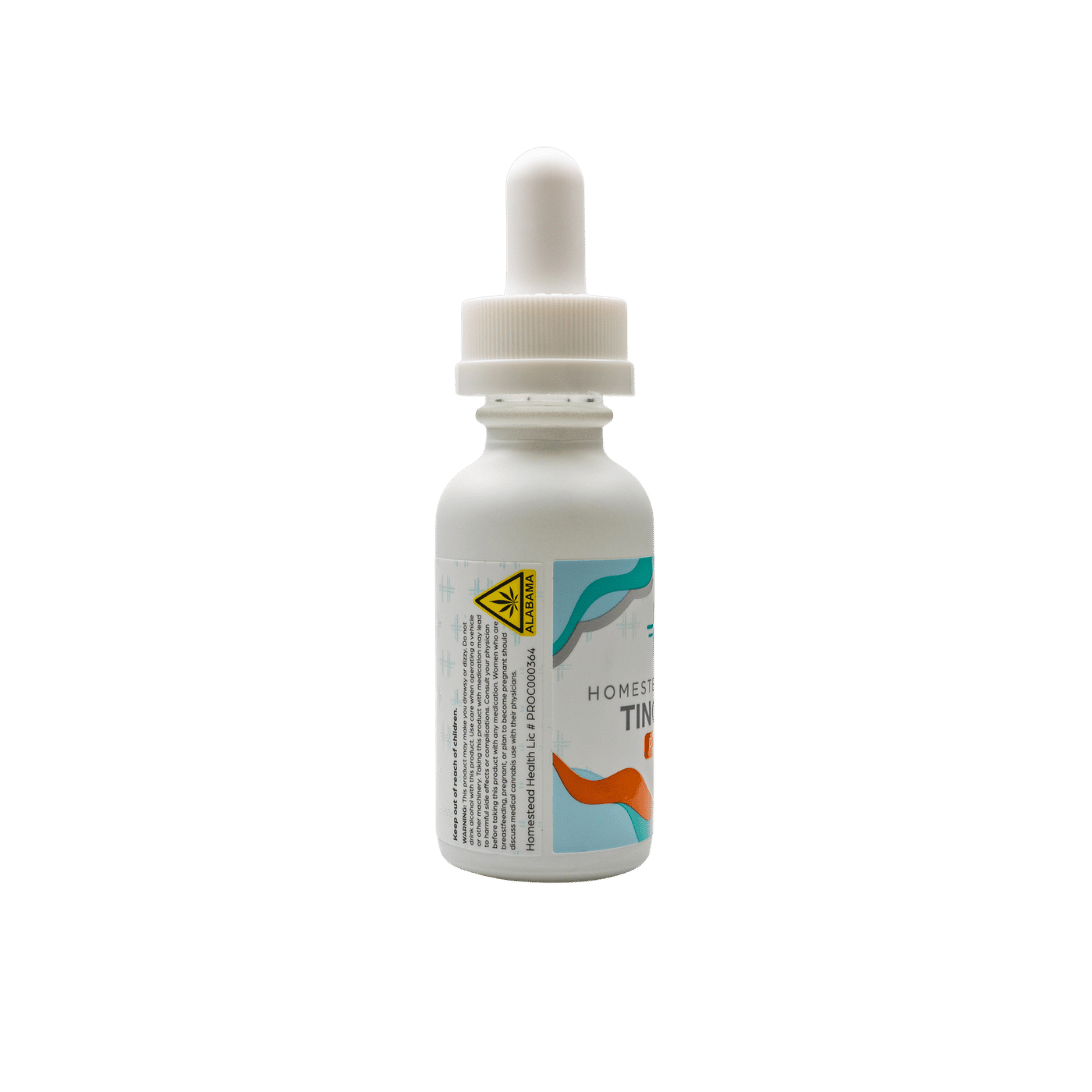 Left side angled perspective of Homestead Health Peach Tincture bottle.