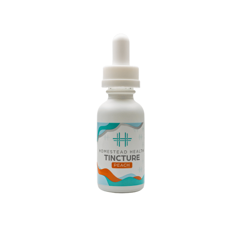 Front view of Homestead Health Peach Tincture bottle packaging.