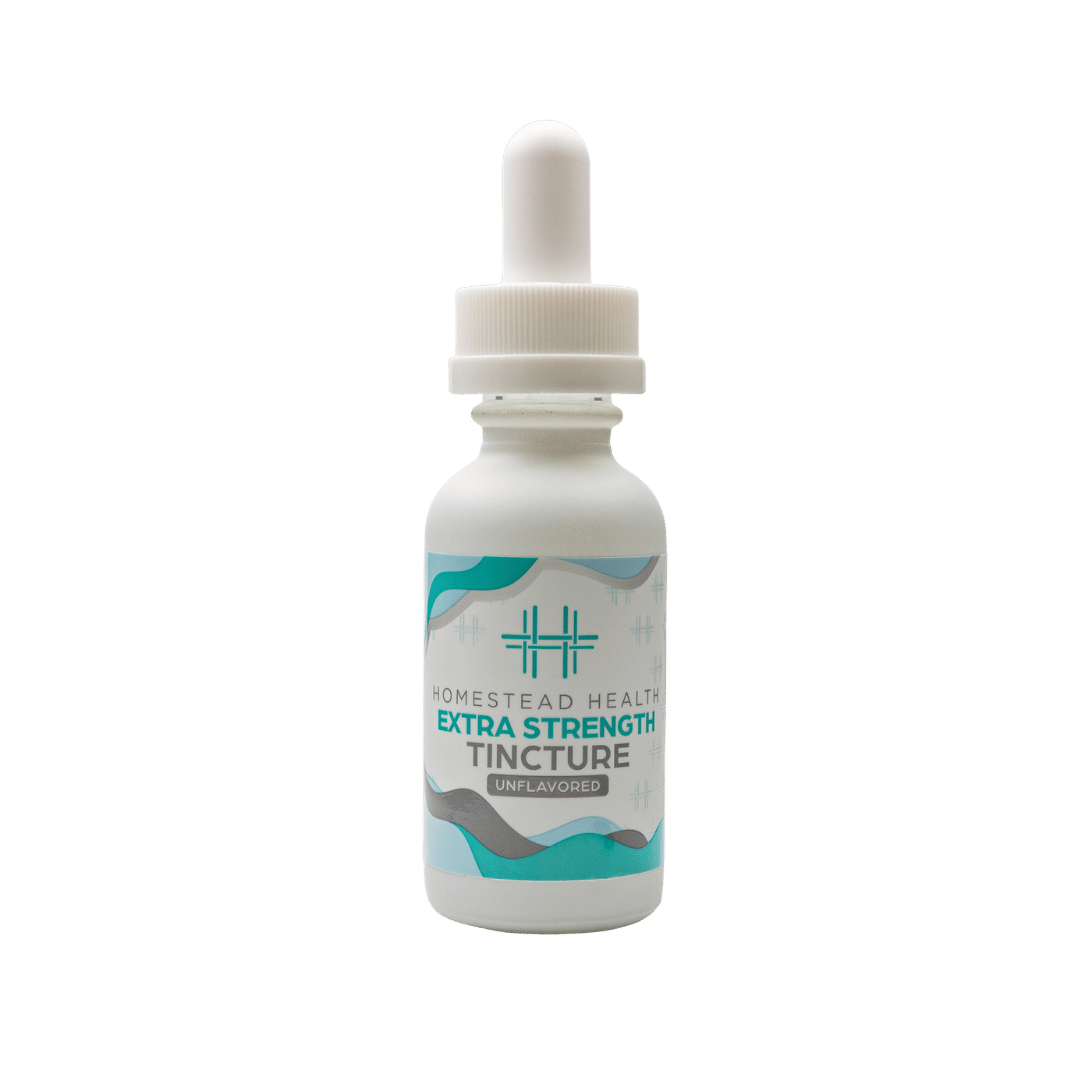 Front packaging view of Homestead Health Extra Strength Unflavored Tincture.