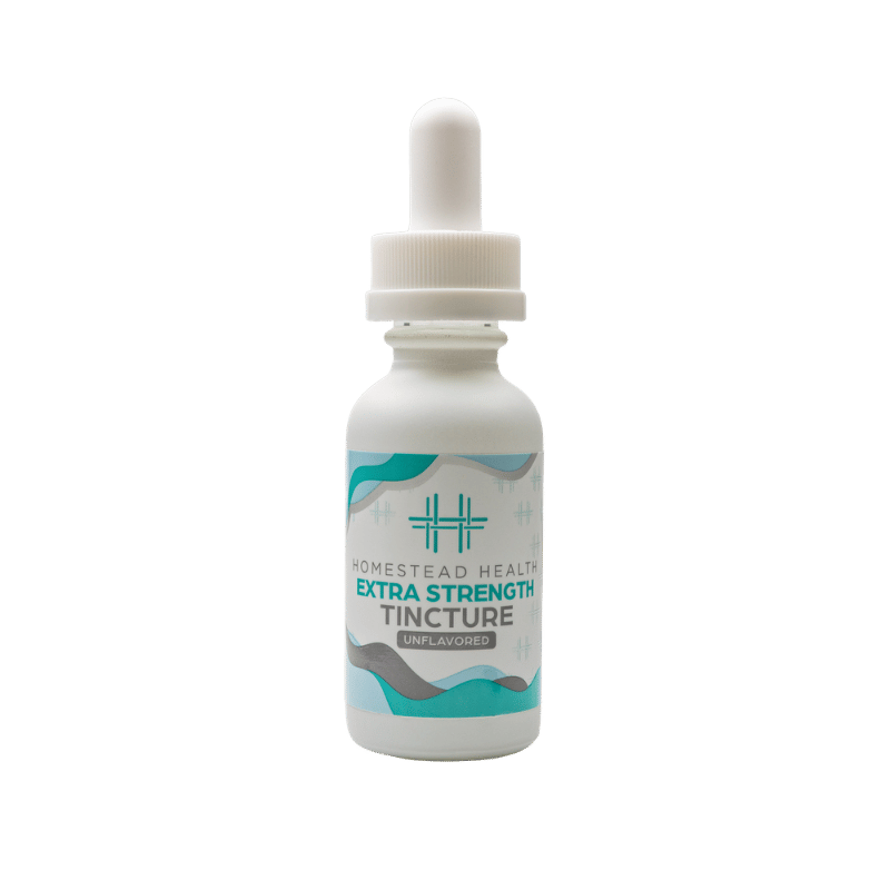 Front view of Homestead Health Extra Strength Unflavored Tincture bottle packaging.