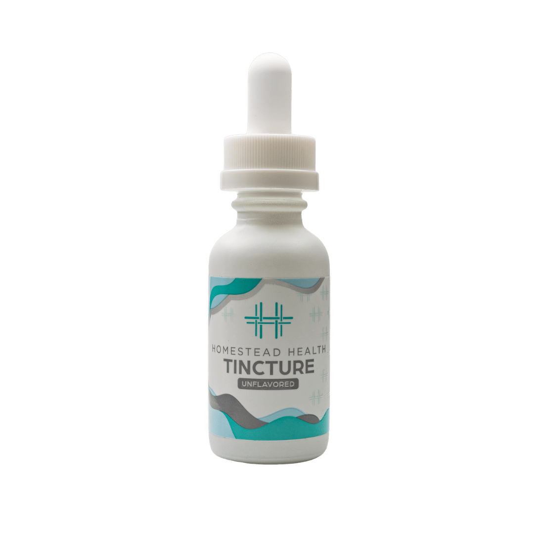 Front packaging and bottle view of Homestead Health Unflavored Tincture.