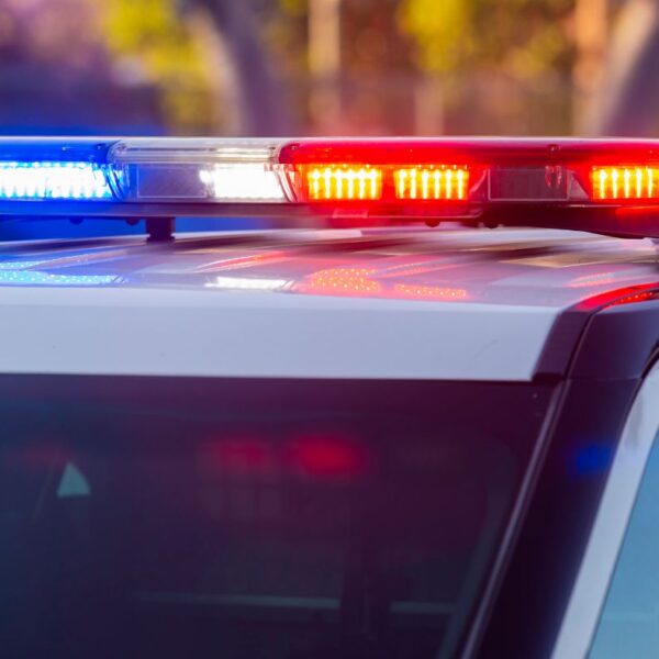 Flashing red and blue police cruiser lights reflecting off a vehicle pulled over on a highway at night in Alabama.