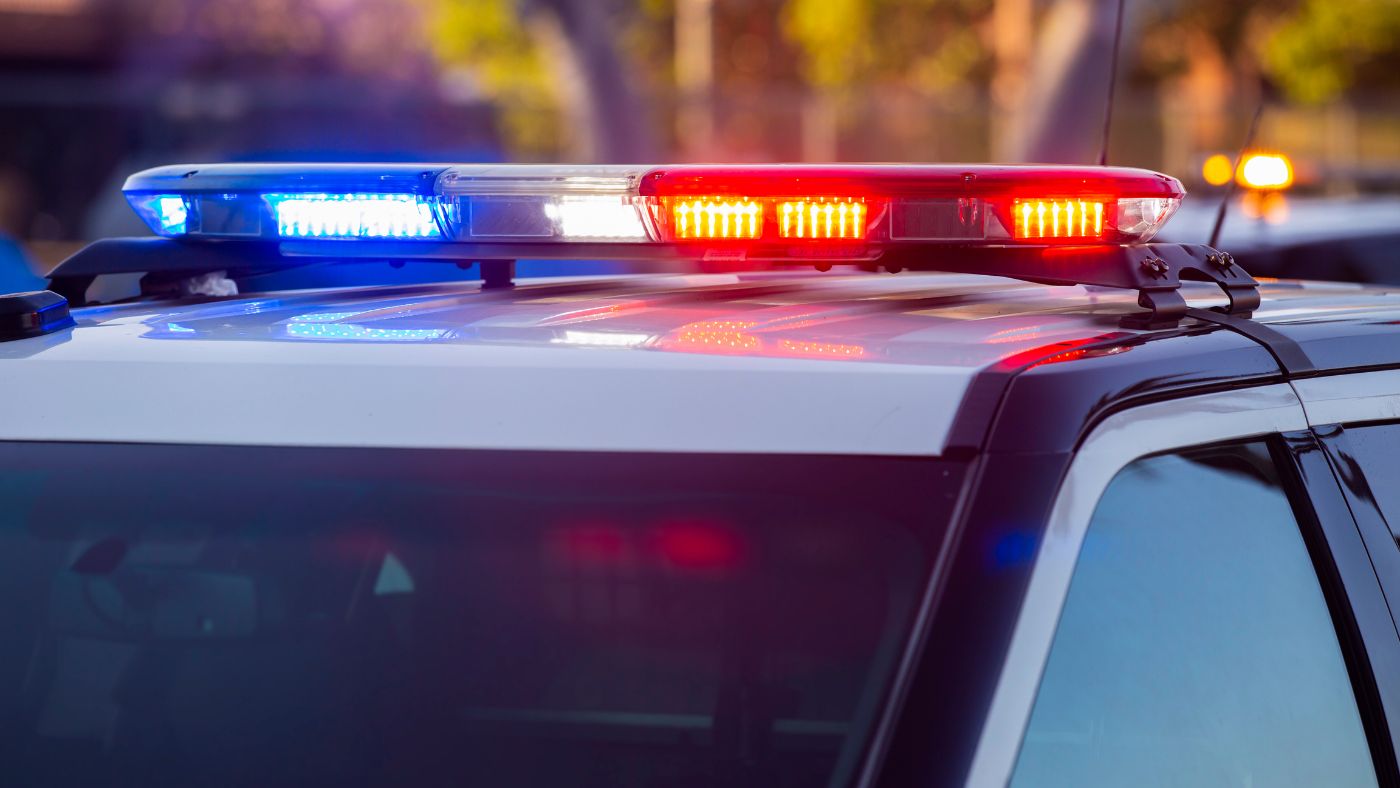Flashing red and blue police cruiser lights reflecting off a vehicle pulled over on a highway at night in Alabama.